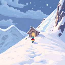 A wide setting where a character is leaving their small shelter and carefully descending a dangerous snowy slope to avoid triggering an avalanche