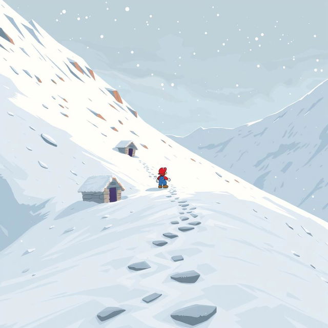 A wide setting where a character is leaving their small shelter and carefully descending a dangerous snowy slope to avoid triggering an avalanche