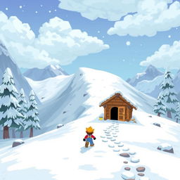 A wide setting where a character is leaving their small shelter and carefully descending a dangerous snowy slope to avoid triggering an avalanche