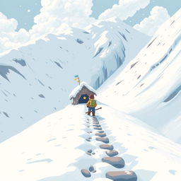 A wide setting where a character is leaving their small shelter and carefully descending a dangerous snowy slope to avoid triggering an avalanche