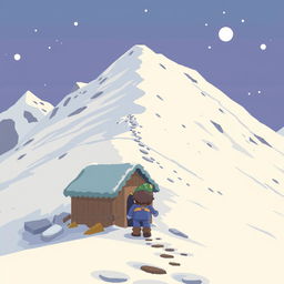 A wide setting where a character is leaving their small shelter and carefully descending a dangerous snowy slope to avoid triggering an avalanche