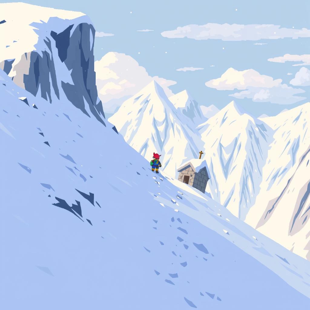 A wide setting where a character is leaving their small shelter and carefully descending a dangerous snowy slope to avoid triggering an avalanche