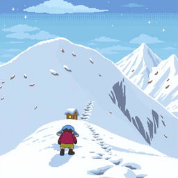 A wide setting where a character is leaving their small shelter and carefully descending a dangerous snowy slope to avoid triggering an avalanche