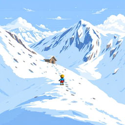 A wide setting where a character is leaving their small shelter and carefully descending a dangerous snowy slope to avoid triggering an avalanche