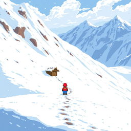 A wide setting where a character is leaving their small shelter and carefully descending a dangerous snowy slope to avoid triggering an avalanche