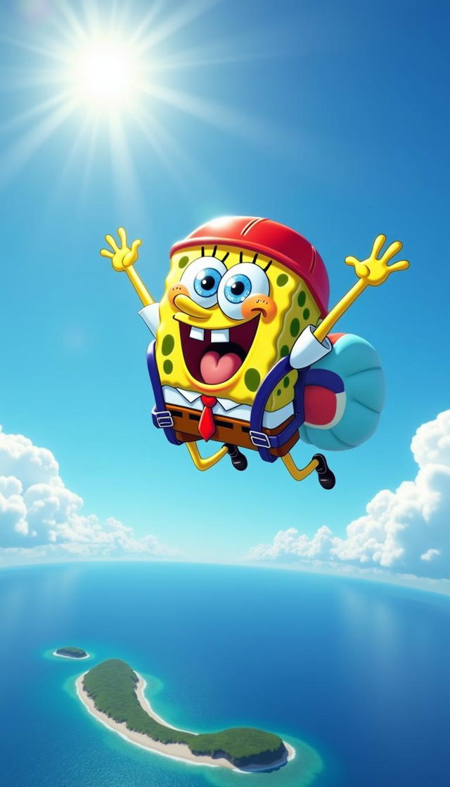 Spongebob Squarepants skydiving through a clear blue sky with fluffy white clouds, wearing a red helmet and a colorful parachute backpack, with the ocean and tiny islands below