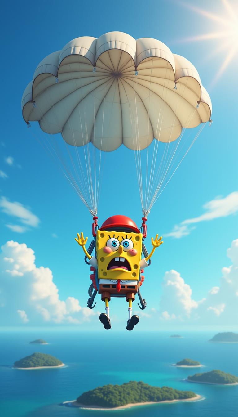 Spongebob Squarepants skydiving with a failing parachute, tangled and flapping uselessly, wearing a red helmet and a colorful parachute backpack, with a worried expression, and the ocean and tiny islands below