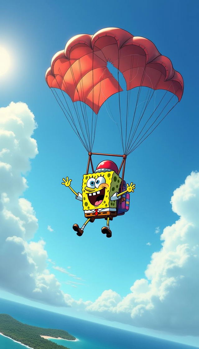 Spongebob Squarepants skydiving with a completely ripped and tangled parachute that won't open, wearing a red helmet and a colorful parachute backpack, with a terrified expression, and the ocean and tiny islands below