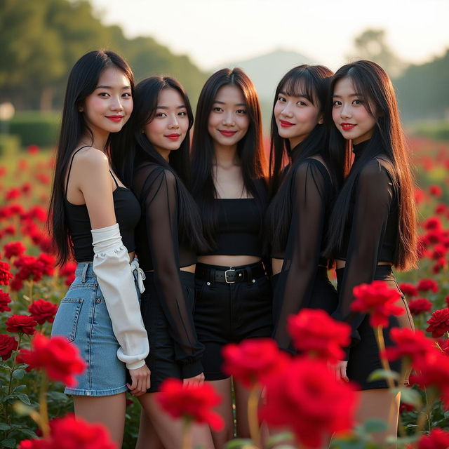 Image of a K-pop group of five Asian girls with long black hair standing together in a garden filled with red and black roses, dressed in trendy outfits, with a clear sky and lush greenery in the background