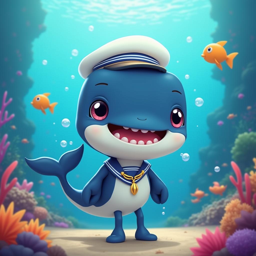 Create a cute and friendly anthropomorphic Vtuber whale character with expressive eyes and a playful smile, wearing an aquatic-themed outfit, set against an underwater scene with coral reefs and colorful fish