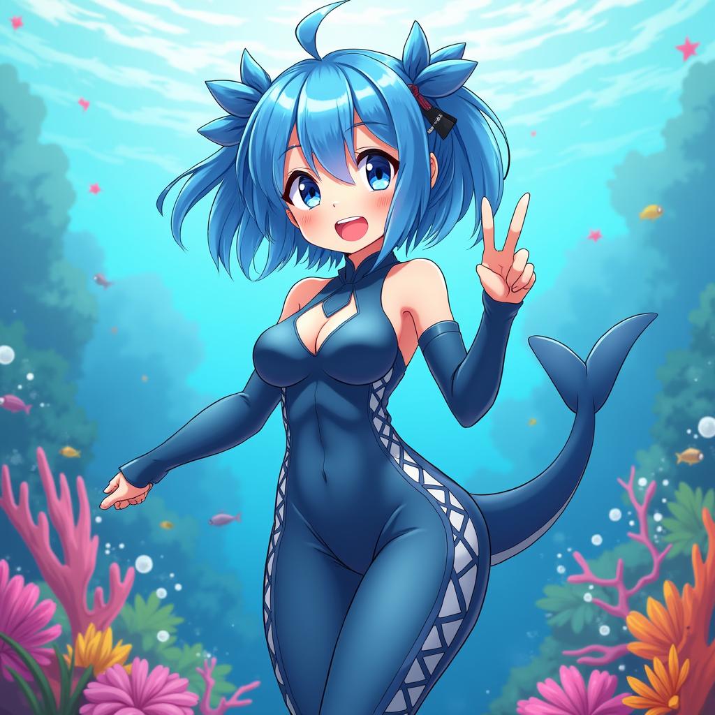 An anime VTuber girl with a shark theme, featuring blue hair, shark fin accessories, a wetsuit with shark-like details, and an underwater background with corals and fish