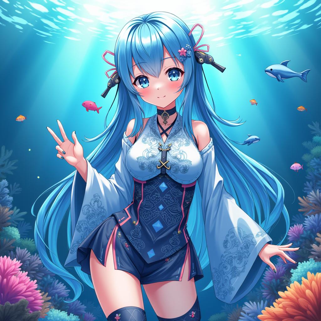 A vibrant anime-style illustration of a female VTuber character with fish-like features, adorned in a marine-inspired outfit