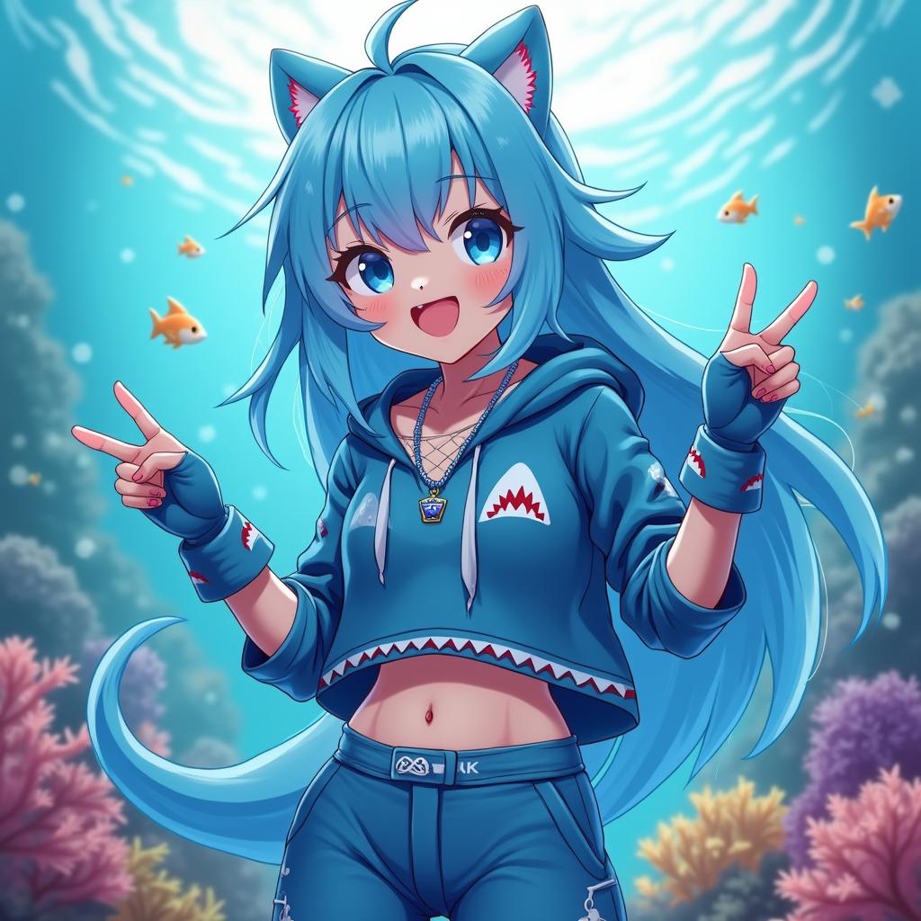 An energetic anime-style VTuber girl with shark-like features, blue hair, and an aquatic-themed outfit in a lively underwater scene