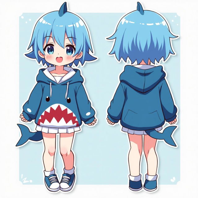 A colorful illustration of an anime VTuber girl with a shark theme, showing both front and back views