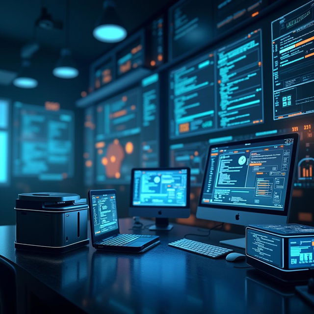 A high-tech background featuring computers, printers, and other technology devices in a modern, futuristic environment with cool tones and digital motifs