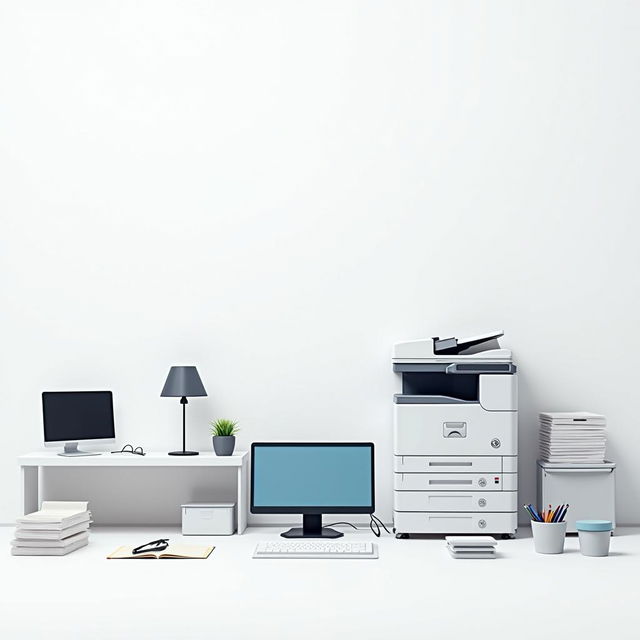 A white background featuring computers, copiers, and various office stationery in a clean and organized office environment.