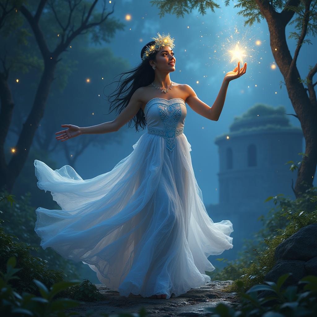 Fantasy concept art of an Incan 18-year-old woman in a luminous white dress with geometric designs, dancing in a twilight rainforest with Incan ruins in the background