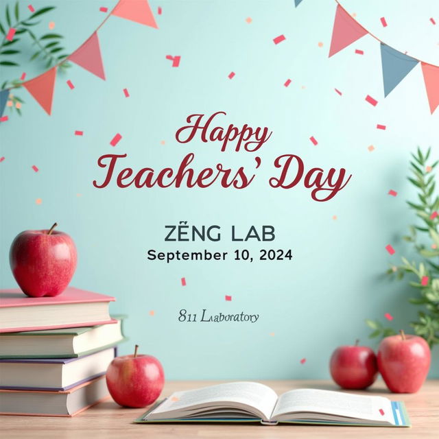 Create an electronic photo album cover for Teachers' Day with the text 'Happy Teachers' Day', 'ZENG LAB', 'September 10, 2024', and '811 Laboratory'