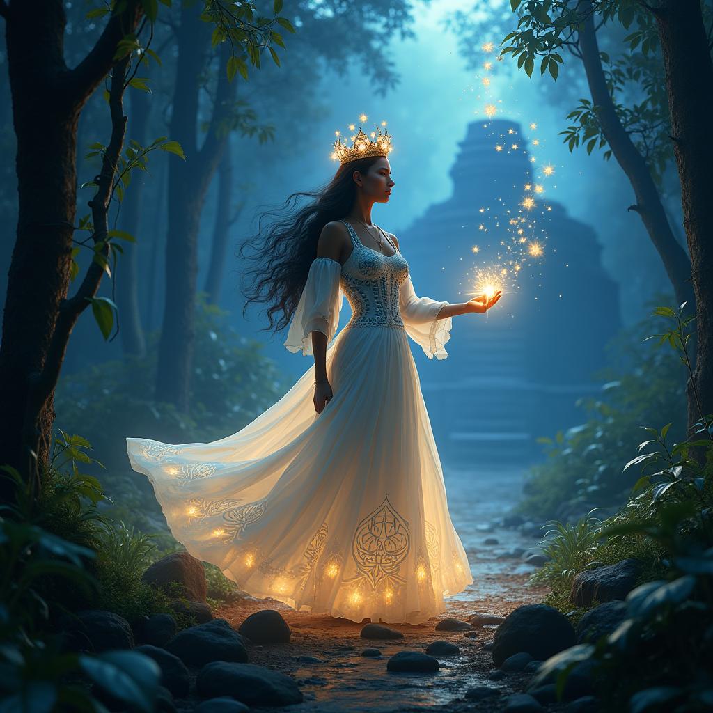 Fantasy concept art of an 18-year-old Peruvian woman in a luminous white dress with blue geometric Incan designs, standing in a twilight rainforest with Incan ruins in the background