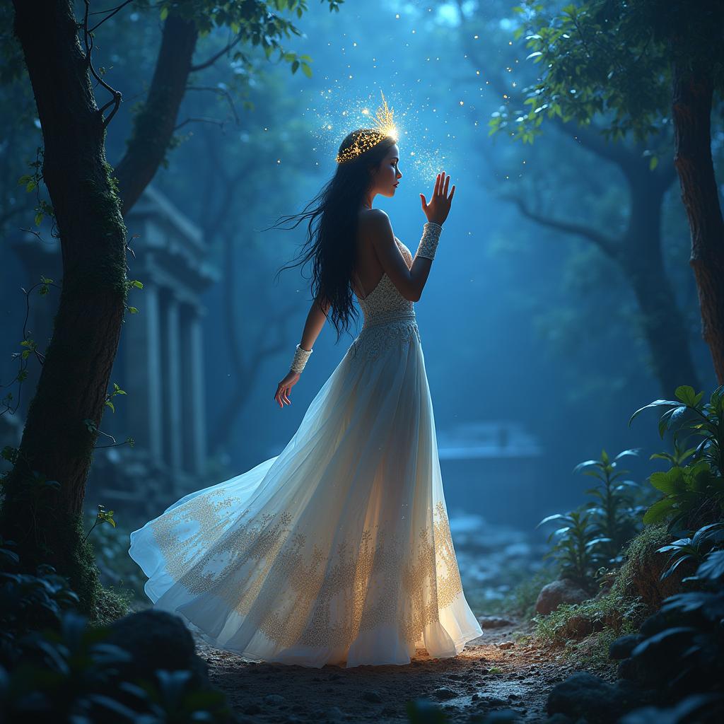 Fantasy concept art of an 18-year-old Peruvian woman in a luminous white dress with blue geometric Incan designs, standing in a twilight rainforest with Incan ruins in the background