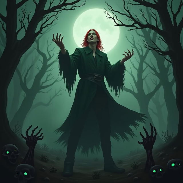 A red-haired man with green eyes stands in a dark forest, summoning undead with powerful magic