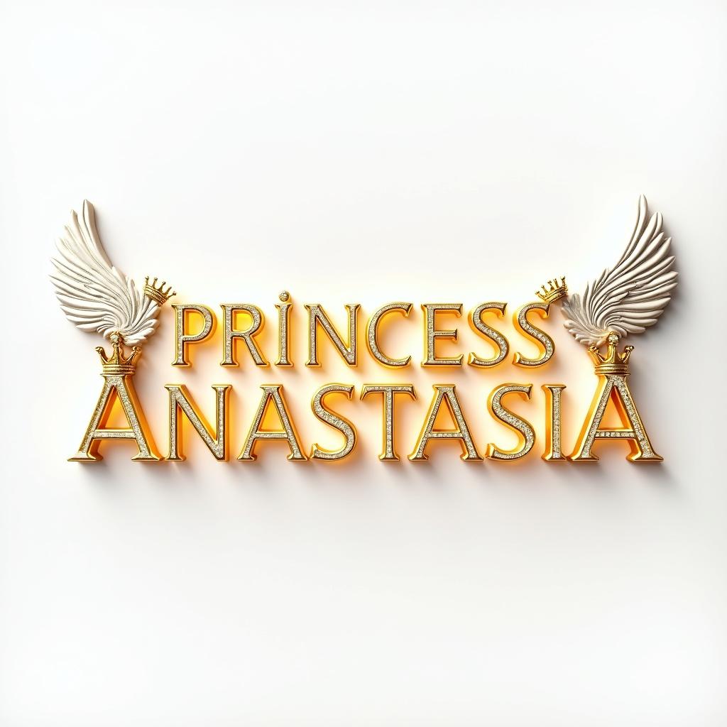 Cinematic 3D rendering of 'PRINCESS ANASTASIA' in gold letters, each adorned with a crown, feather, and angel wings, set with diamonds and emitting a warm golden glow on a solid white background