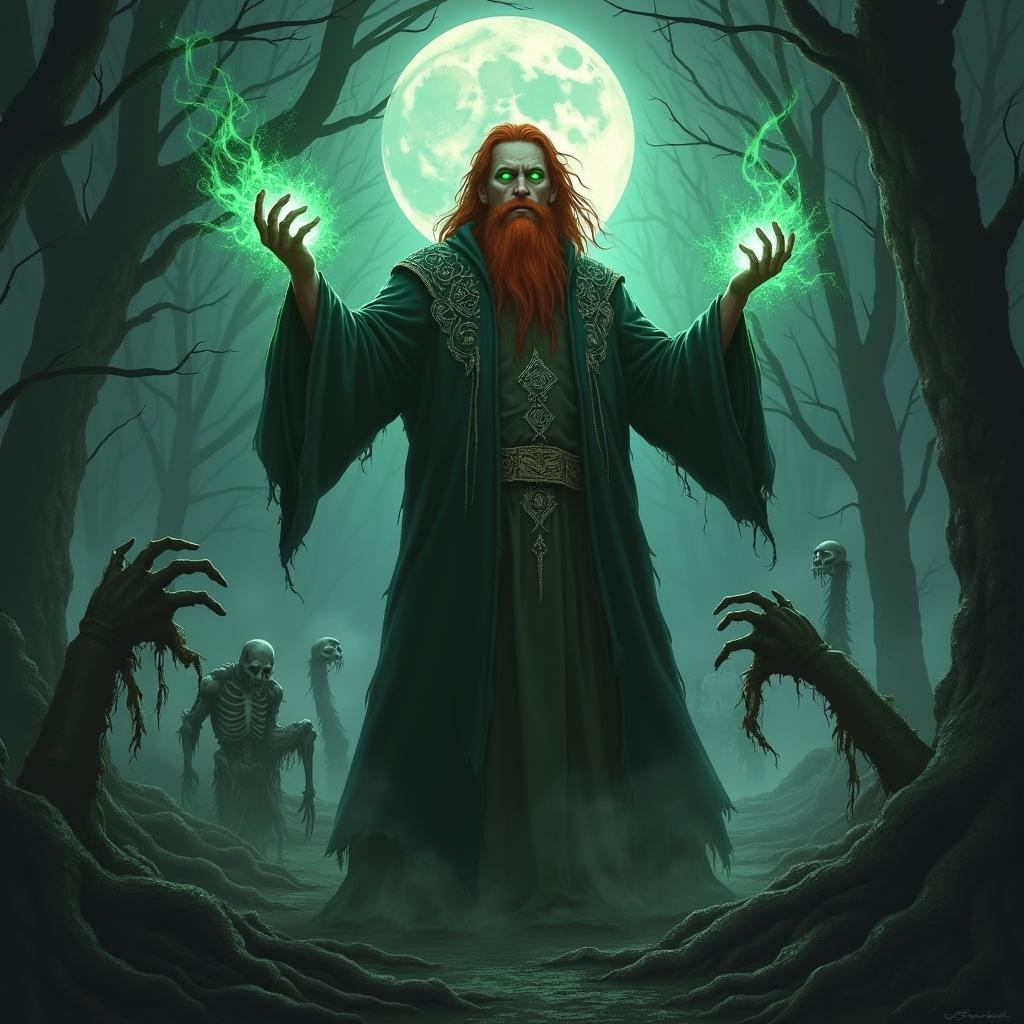 A red-haired bearded man with green eyes in a dark forest, summoning undead creatures with dark energy swirling around him