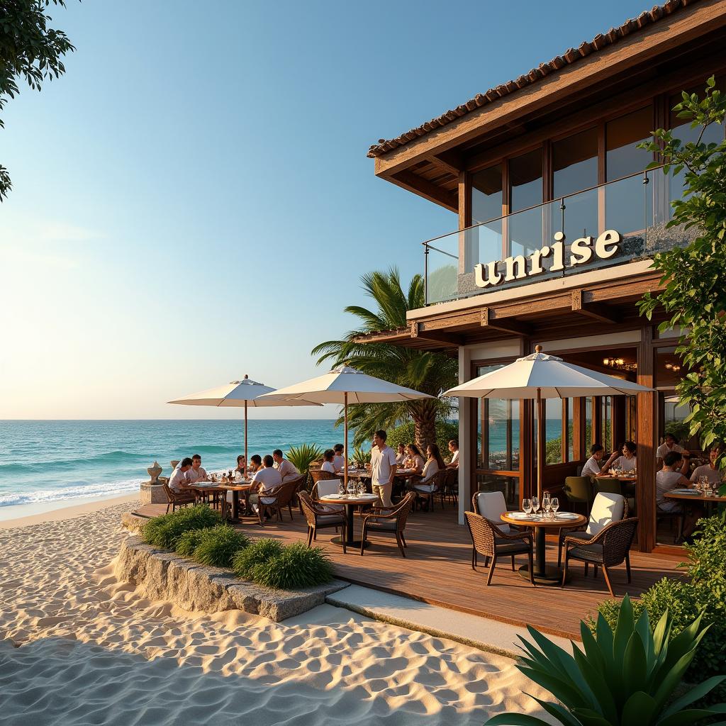 A picturesque restaurant named 'Sunrise' set on a serene beach with a blend of rustic and modern design, tropical plants, and a relaxed, inviting atmosphere