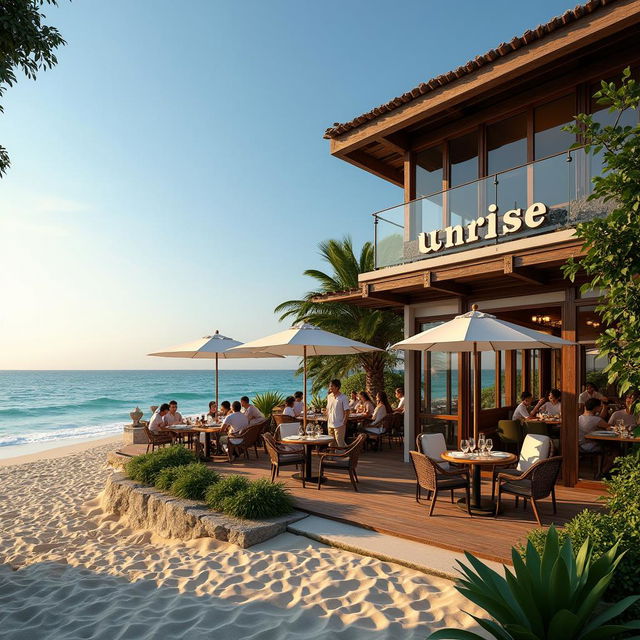 A picturesque restaurant named 'Sunrise' set on a serene beach with a blend of rustic and modern design, tropical plants, and a relaxed, inviting atmosphere