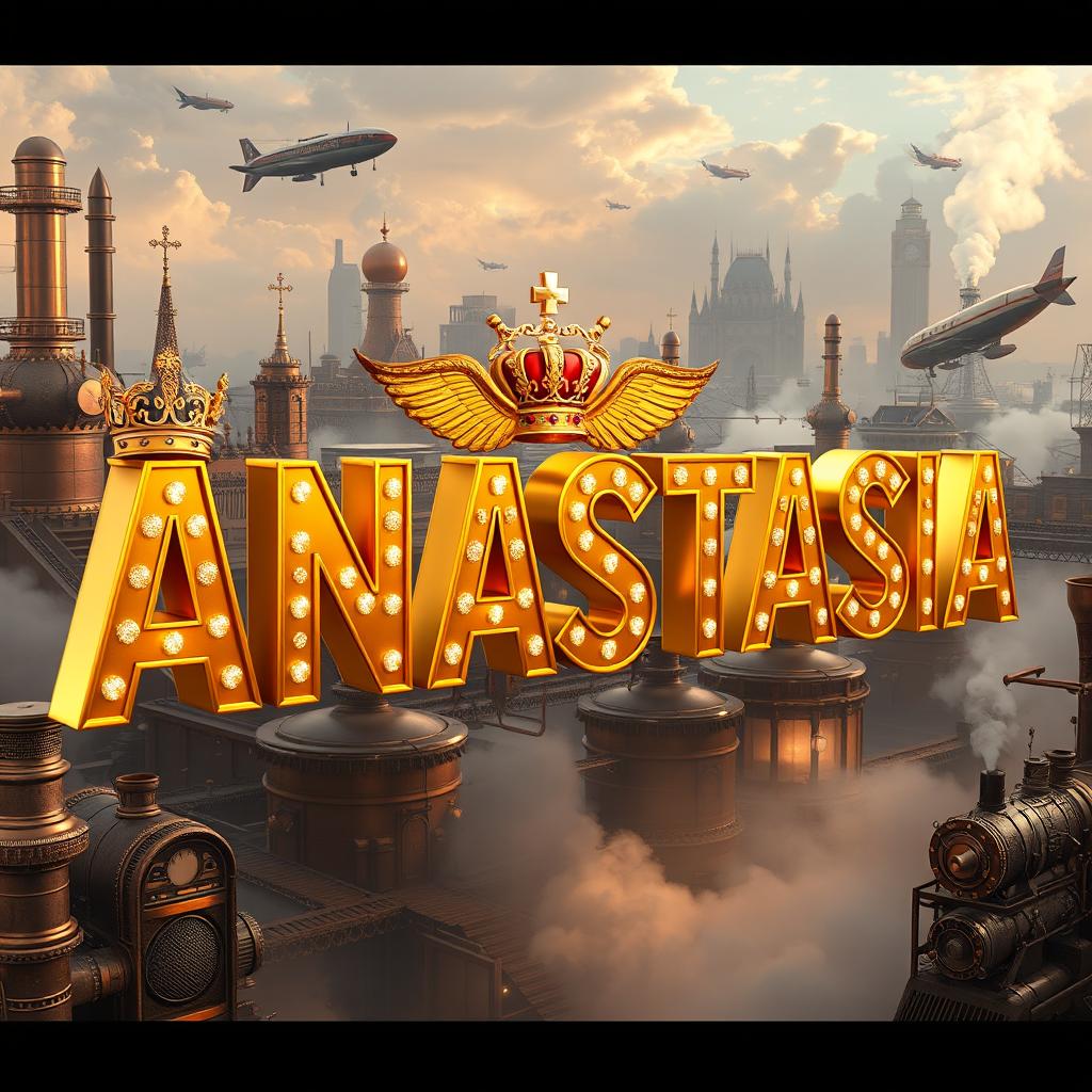 Cinematic 3D visualization of 'PRINCESS ANASTASIA' in gold letters, each decorated with a crown, feather, and angel wings, encrusted with diamonds and emitting a warm golden glow, set against a steampunk city backdrop with steam boilers, airships, clouds of steam, and steam locomotives in copper, brass, and steel