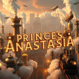 Cinematic 3D visualization of 'PRINCESS ANASTASIA' in gold letters, each decorated with a crown, feather, and angel wings, encrusted with diamonds and emitting a warm golden glow, set against a steampunk city backdrop with steam boilers, airships, clouds of steam, and steam locomotives in copper, brass, and steel