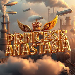 Cinematic 3D visualization of 'PRINCESS ANASTASIA' in gold letters, each decorated with a crown, feather, and angel wings, encrusted with diamonds and emitting a warm golden glow, set against a steampunk city backdrop with steam boilers, airships, clouds of steam, and steam locomotives in copper, brass, and steel