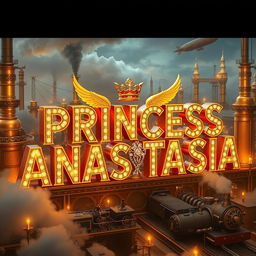 Cinematic 3D visualization of 'PRINCESS ANASTASIA' in gold letters, each decorated with a crown, feather, and angel wings, encrusted with diamonds and emitting a warm golden glow, set against a steampunk city backdrop with steam boilers, airships, clouds of steam, and steam locomotives in copper, brass, and steel