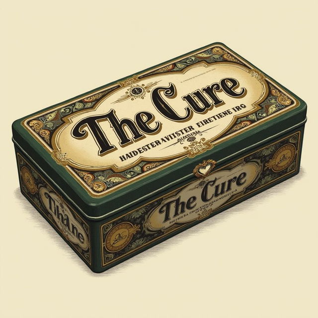 A vintage-style chewing tobacco box named 'The Cure' with rustic colors and intricate decorative elements.