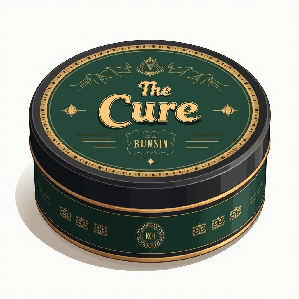 A modern yet classic snus box named 'The Cure' with deep green, gold, and black colors, featuring elegant patterns and illustrations of tobacco leaves