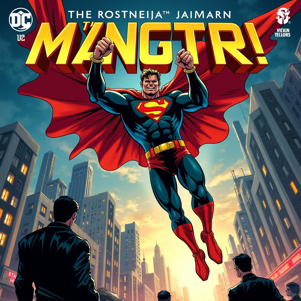 A dynamic comic book cover featuring a superhero in action, leaping through a cityscape with dramatic lighting and shadows