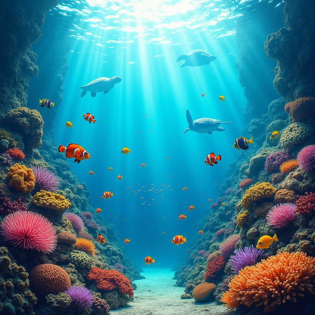 An underwater coral reef scene with vibrant colors, various types of corals, and a diverse array of tropical fish and marine animals, designed for an aquarium poster