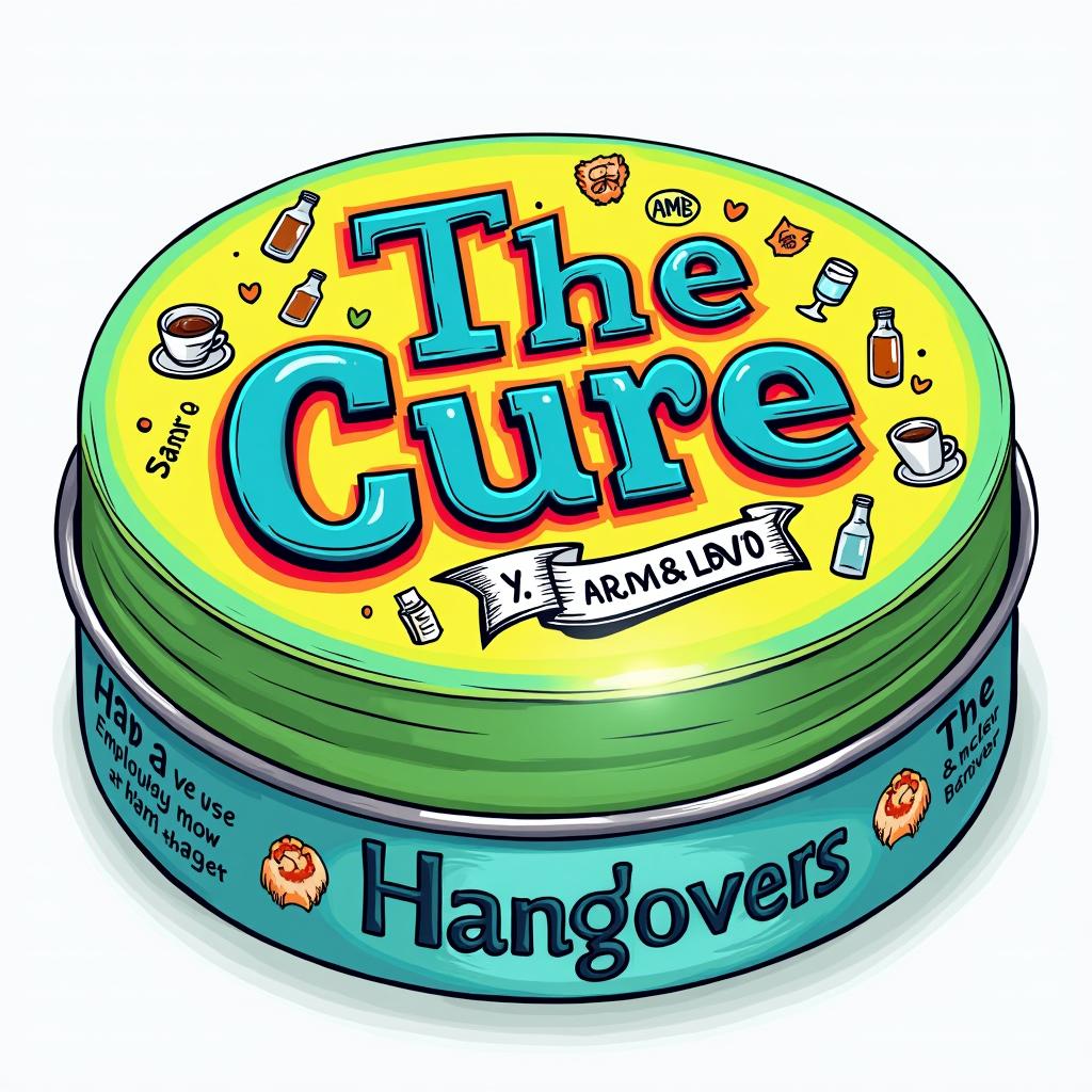 A fun and lively snus box named 'The Cure' for hangovers, featuring bright colors, playful elements, and humorous slogans.