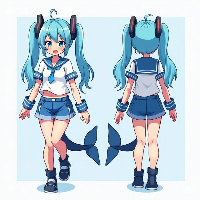 Uma garota de anime estilo VTuber com tema de tubarão, com cabelo azul claro, roupa com detalhes de tubarão, mostrada de frente e de trás