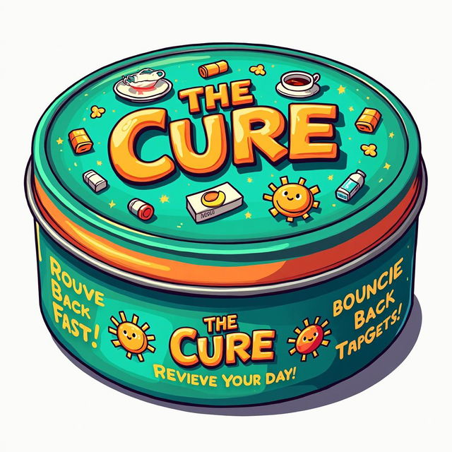 An energetic and fun snus box named 'The Cure' for hangovers, featuring bright colors, playful elements, and humorous slogans