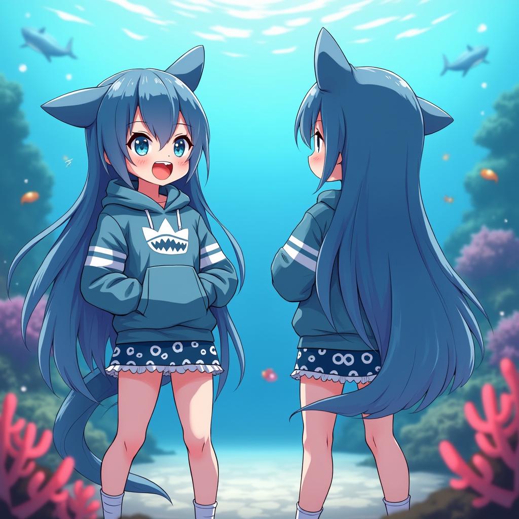 An anime-style female VTuber with shark features, shown from both front and back perspectives