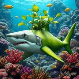 A shark dressed as a chayote, with the shark's body covered in green chayote skin and leaves sprouting from its head