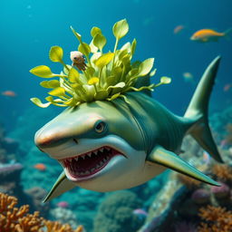 A shark dressed as a chayote, with the shark's body covered in green chayote skin and leaves sprouting from its head