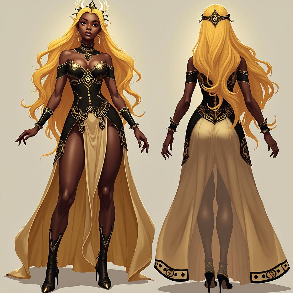 A female Vtuber designed as a black goddess with golden eyes and hair, depicted from the front and back in elegant, luxurious attire