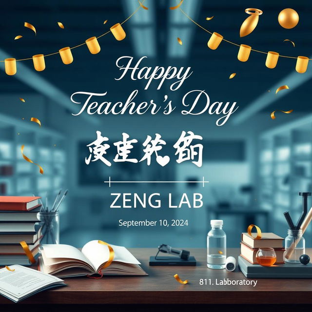 Create an electronic photo album cover for Teachers' Day that includes the following text: 'Happy Teachers' Day', 'ZENG LAB', 'September 10, 2024', and '811 Laboratory'