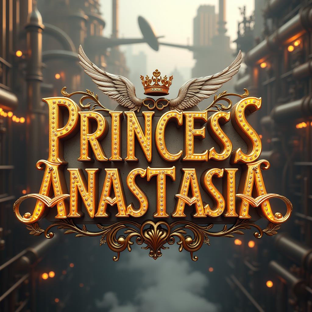 A cinematic 3D visualization of 'PRINCESS ANASTASIA' in gold letters with crowns, feathers, angel wings, diamonds, and a warm glow, set against a steampunk city backdrop with steam boilers, airships, and steam locomotives in copper, brass, and steel