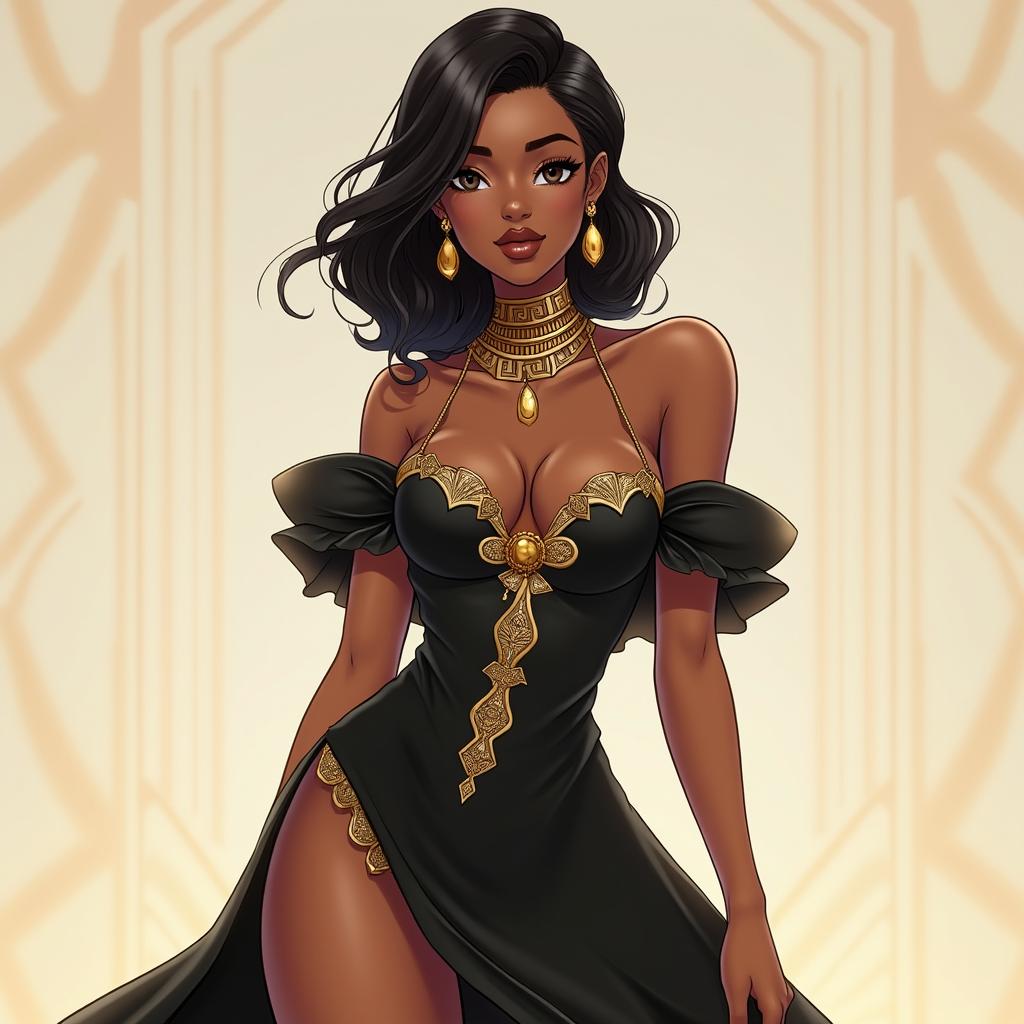 Anime-style VTuber character with dark skin, elegant golden details, and a sophisticated outfit