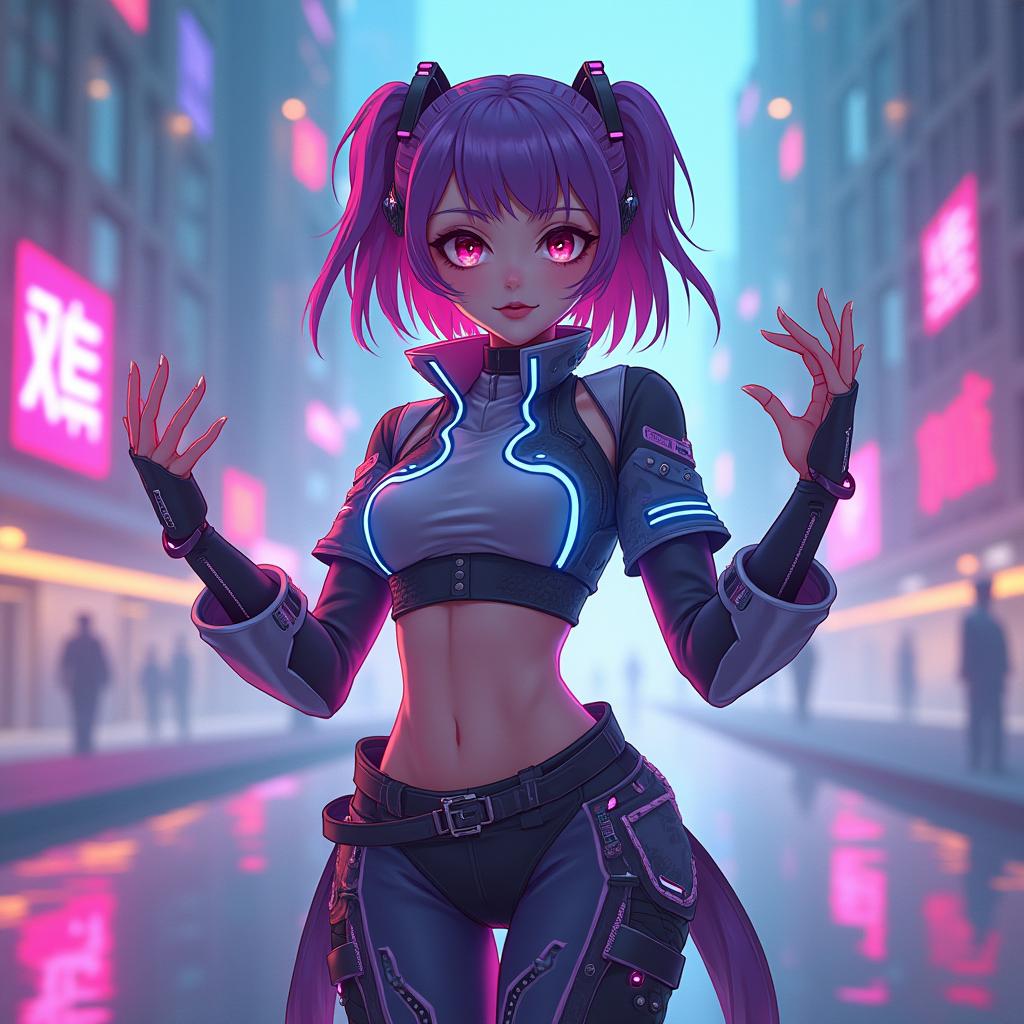 Create an image of a futuristic, anime-inspired Vtuber character with vibrant colors, a unique hairstyle, and a stylish, high-tech outfit in a sleek, modern virtual setting