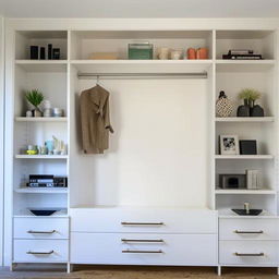 A multifunctional wall featuring a full-length shelf that acts as a TV stand, includes a vanity with a mirror, a bookshelf, and drawers for storage