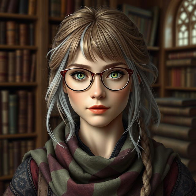 A realistic fantasy headshot of a medieval bookish woman